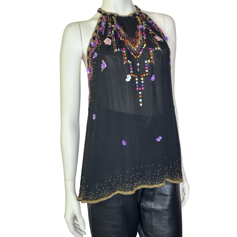 RARE Matthew Williamson Black Silk Sequin And Beaded Embellished Halter Top - Picture 2 of 9